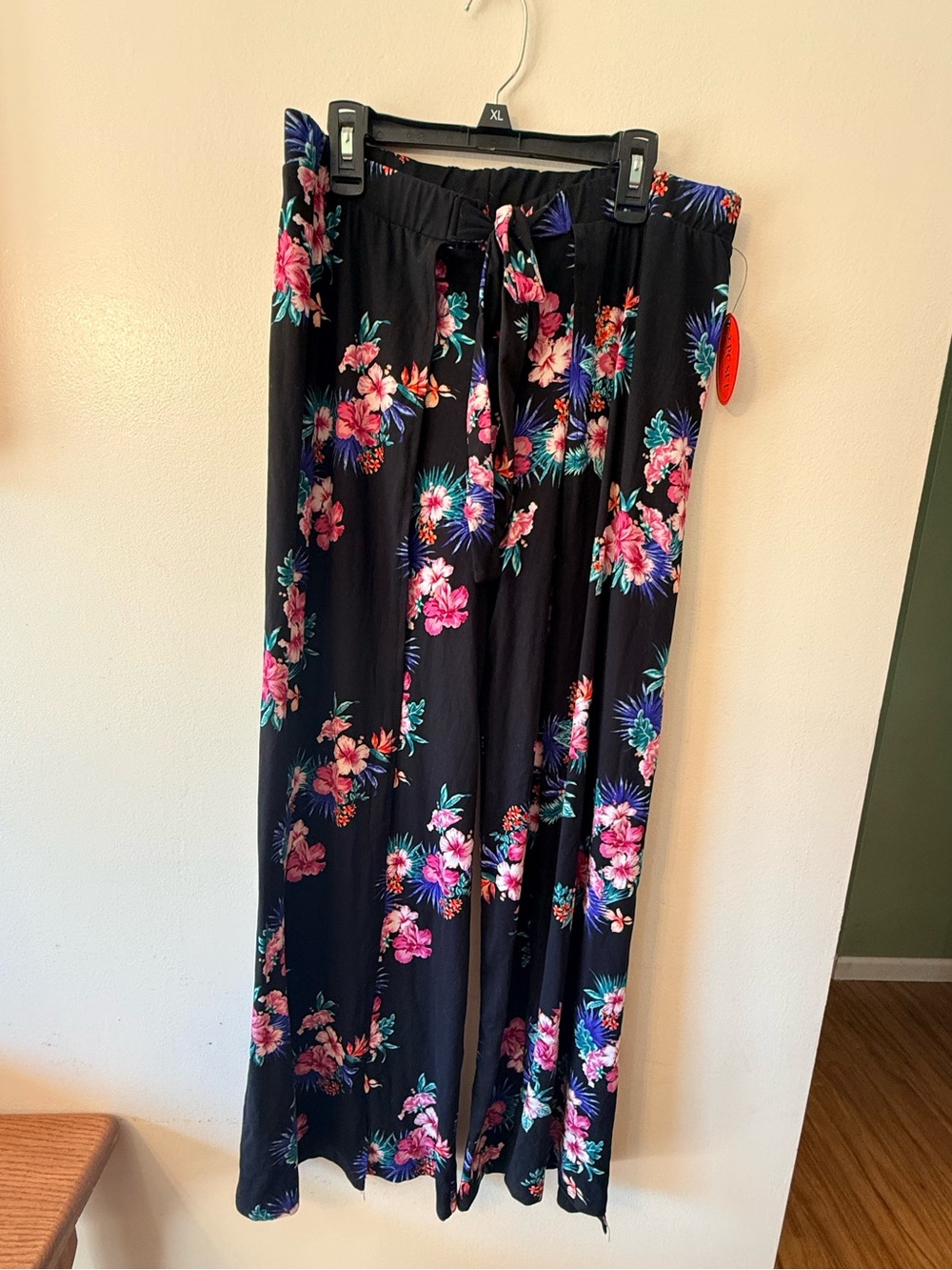 Hot Kiss Black Wide-Leg Wrap Pants with Pink & Teal Floral Tropical Print